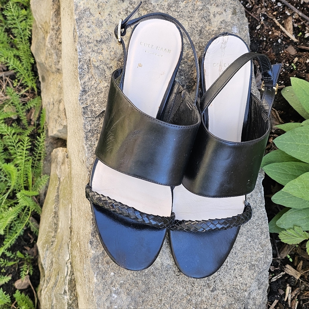 Cole Haan black braided wedge sandals. 2 inch heel. $225 msrp size 7.5 - Picture 2 of 11